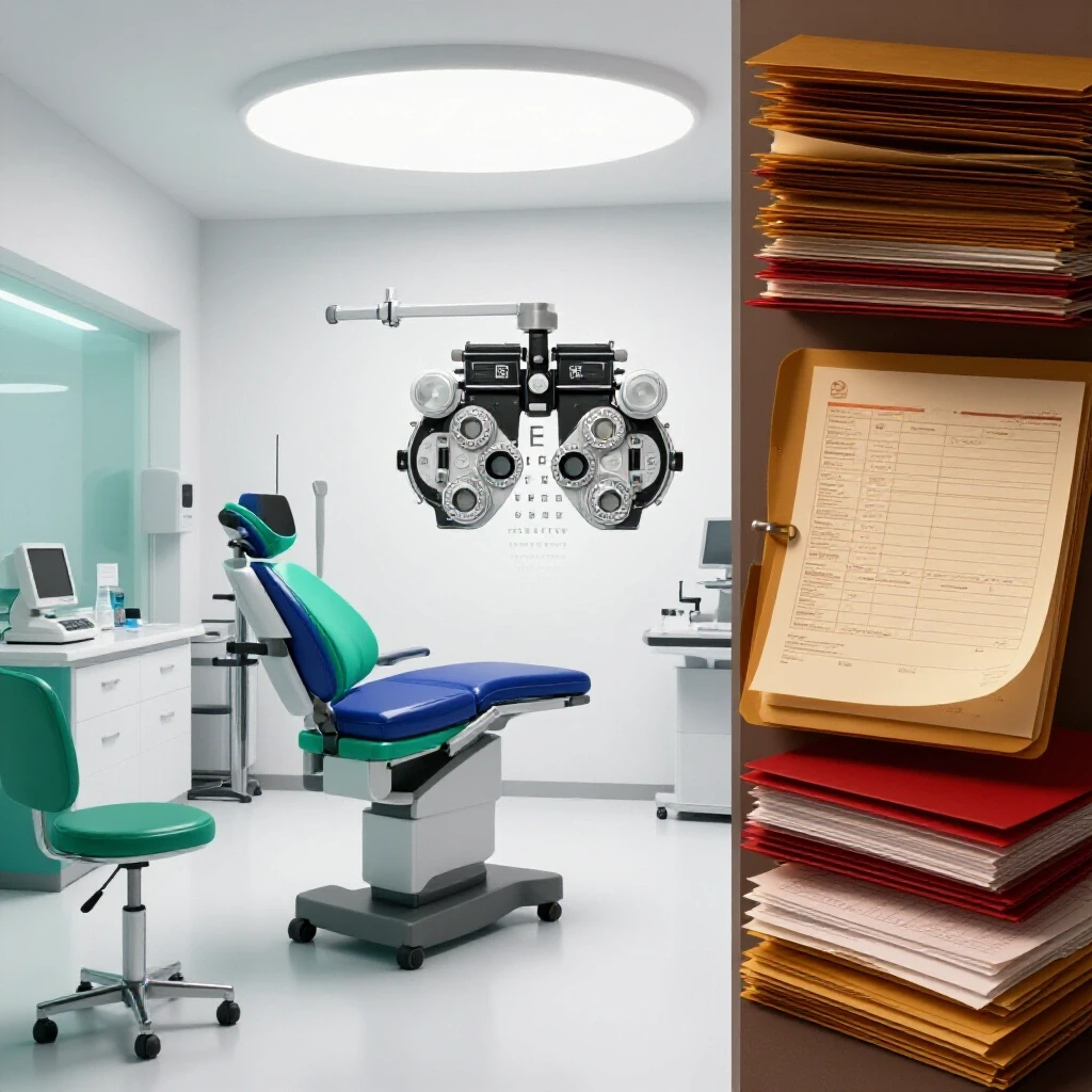 Split scene showing a modern optometry clinic with vibrant equipment on one side and a stack of paperwork in contrasting colors on the other.