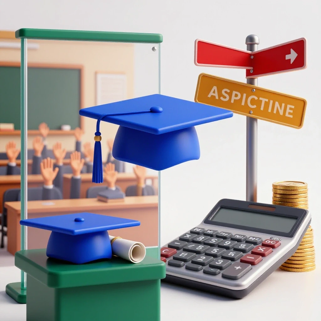 Split scene with graduation cap and classroom on one side, crossroads signs and calculator on the other, set in a bright studio.
