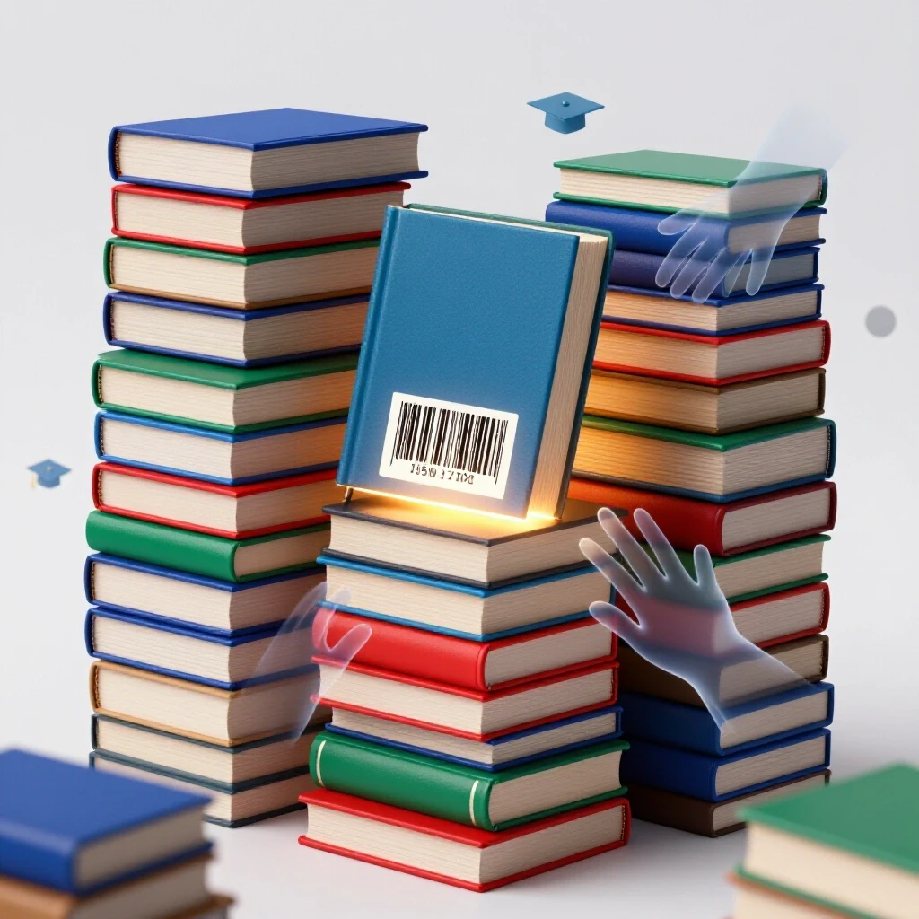 Colorful stack of textbooks with a glowing barcode, surrounded by reaching hands on a bright white background