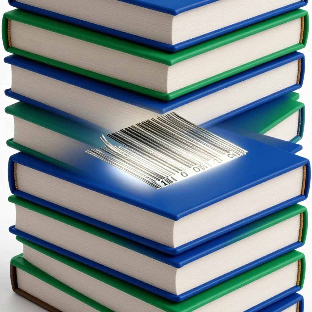 Stack of deep blue and emerald books, top book featuring a glowing barcode highlighted by a spotlight.