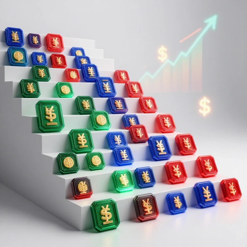 Colorful digital certification badges form ascending steps with glowing graphs and currency symbols, symbolizing IT career growth.