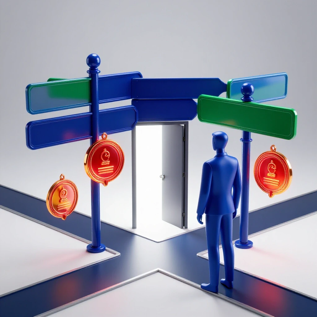 Glossy crossroads with glowing certification badges and open doorway emitting light, symbolizing IT career pathways.
