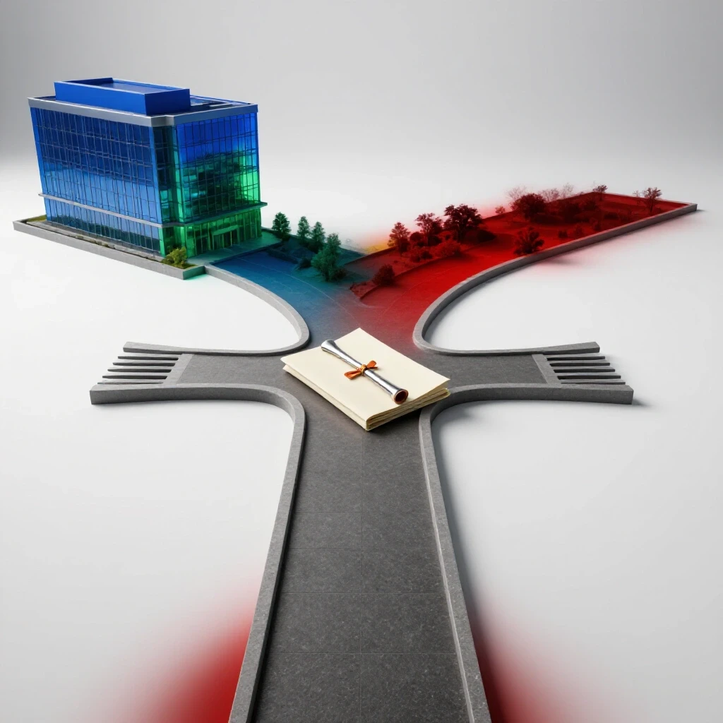 A forked path with a diploma at the center, one side leading to a lit modern office, the other to a shadowy unknown