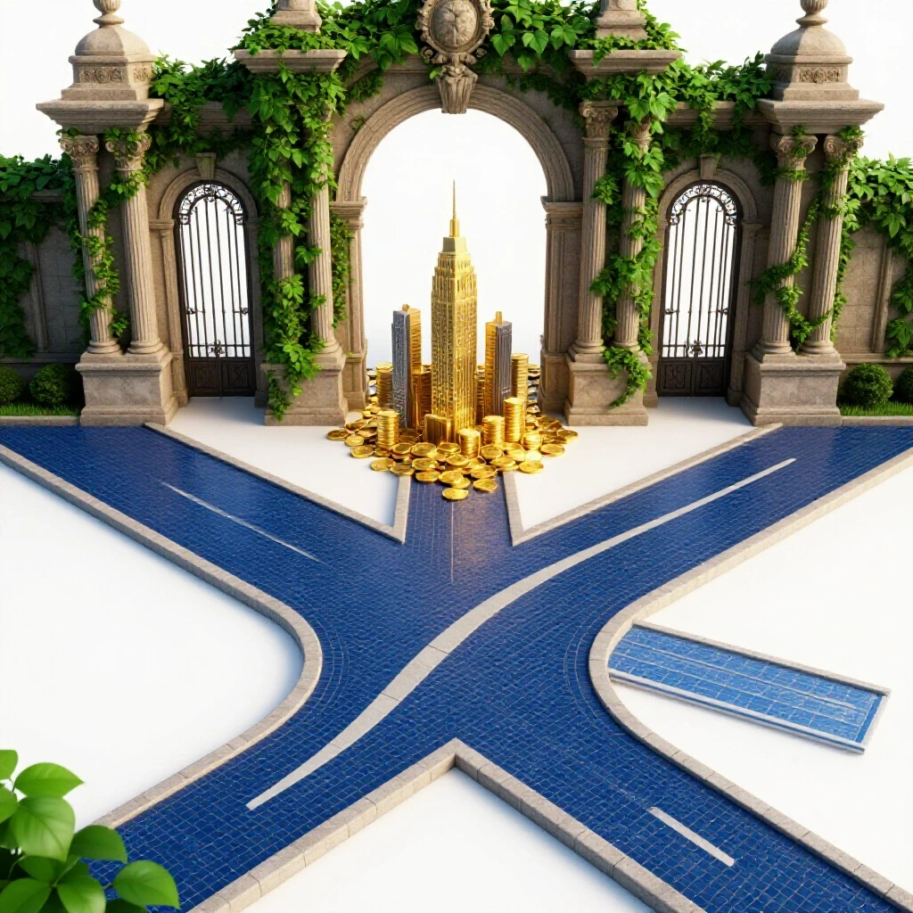 A crossroads with an ornate ivy-covered gate on one path and a modern city skyline with coin motifs on the other, set on a bright background.