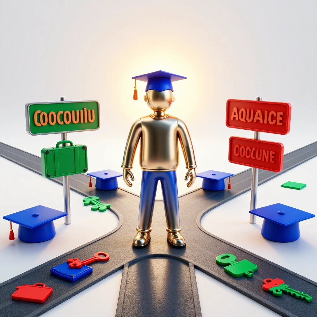 A crossroads scene with a metallic traveler, one path lined with graduation caps, the other open with symbols of opportunity, set on a bright background.