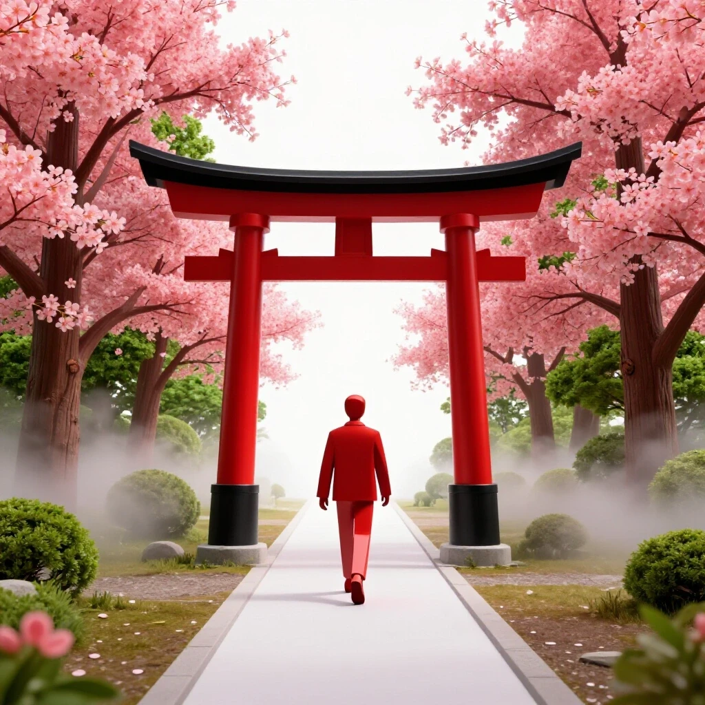 Crossroads with a bold torii gate, cherry blossoms, and abstract misty path representing Japanese fluency journey.