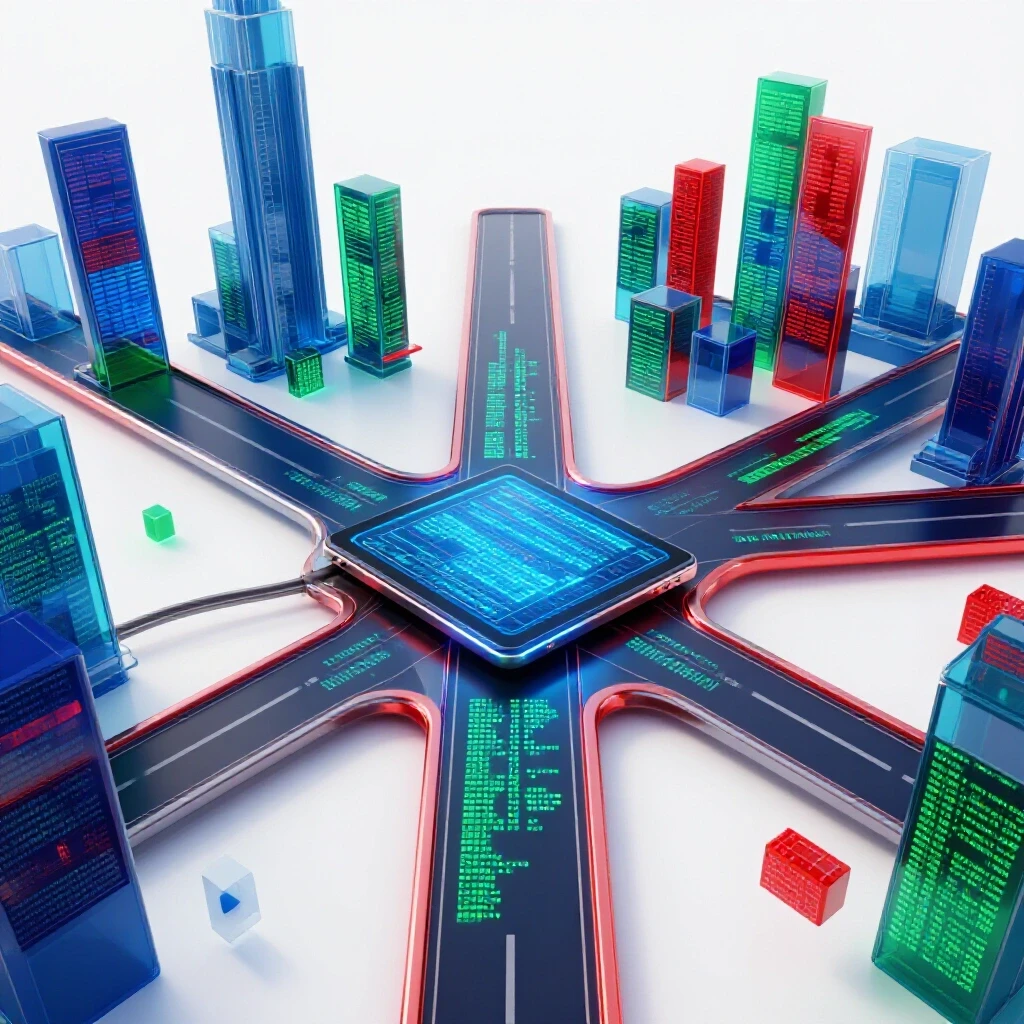 Futuristic crossroads with glowing digital tools and pathways leading to vibrant code-filled city skylines