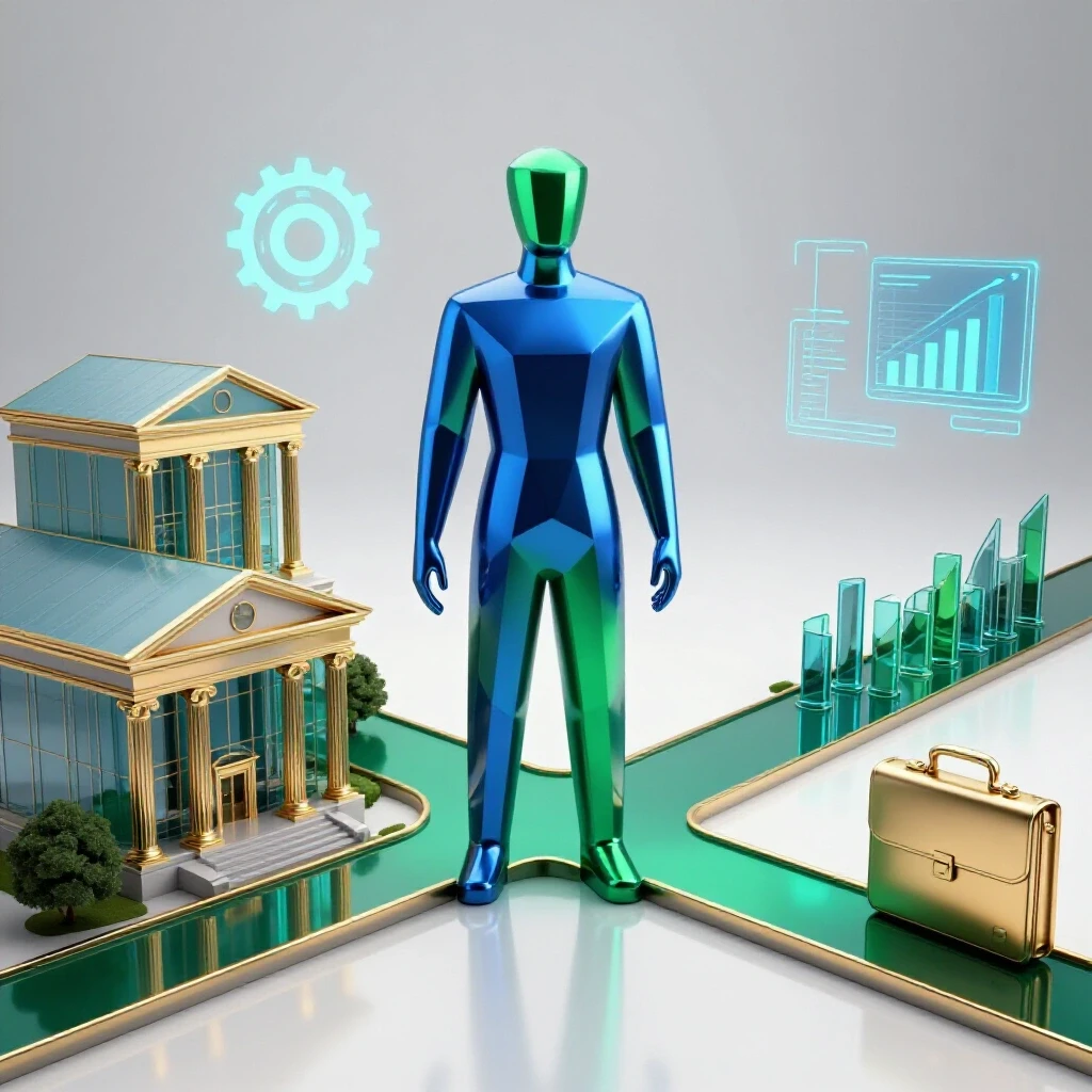 Abstract confident figure at a crossroads between a courthouse and modern career icons, set on a bright studio background