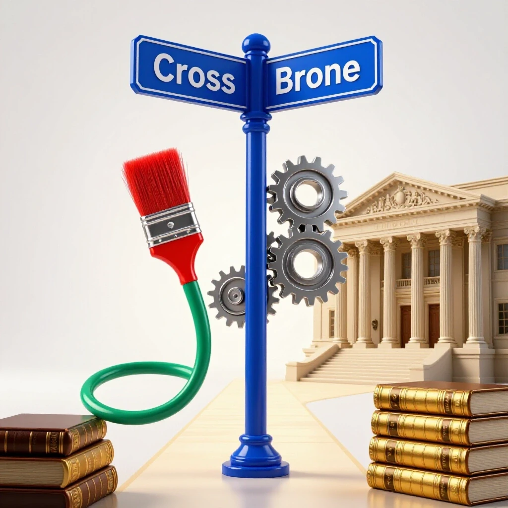 Saturated symbols of diverse professions converge along a bright path into a majestic courthouse with golden law books.