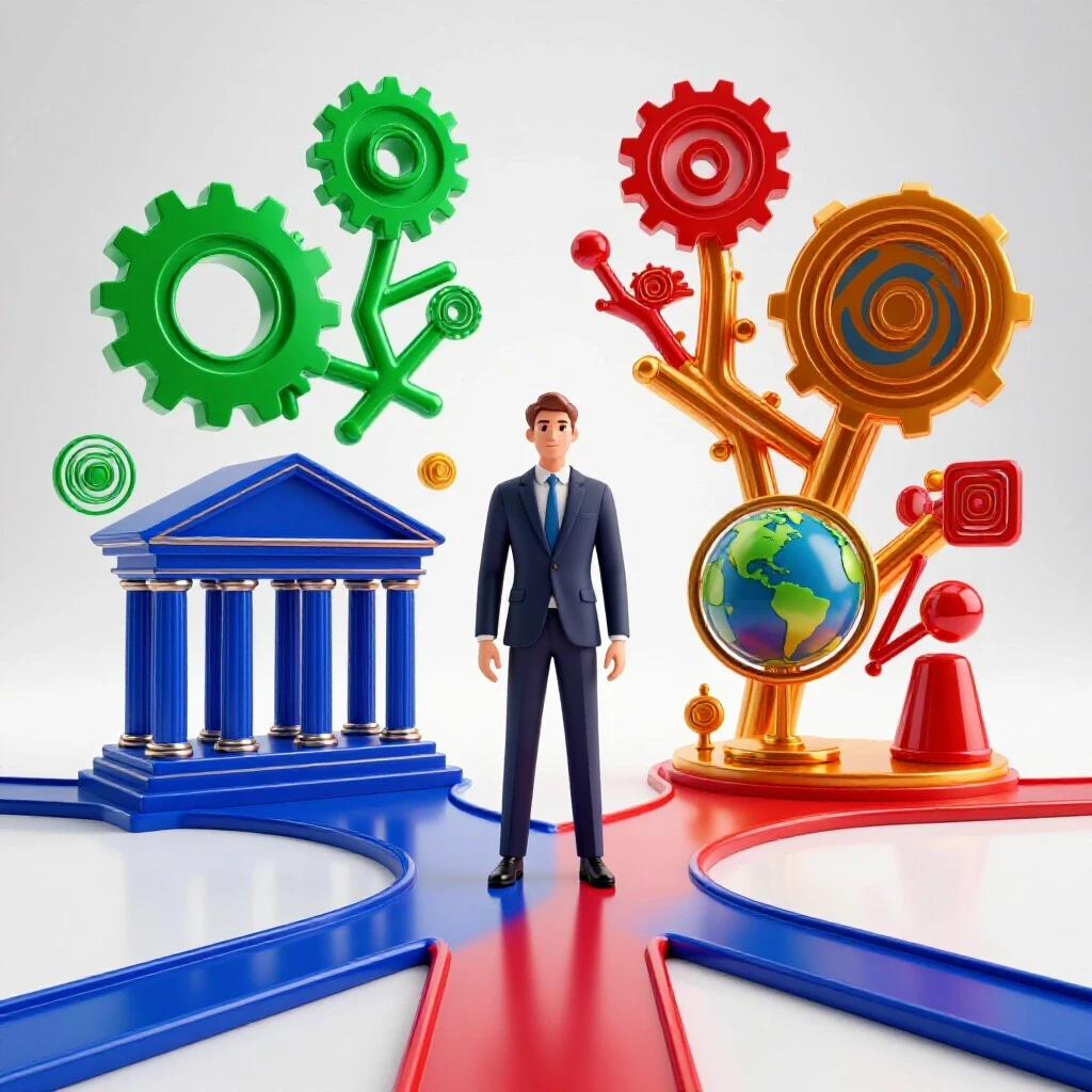 Abstract professional at a crossroads with paths to a courthouse and diverse career symbols on a bright background.