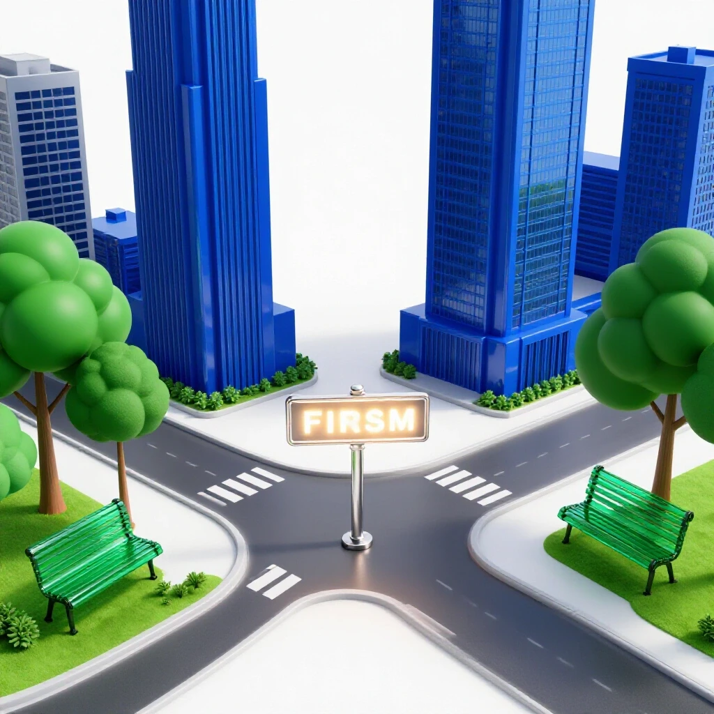 Intersection sign at crossroads between a glossy blue city law firm and a green park with dramatic contrast