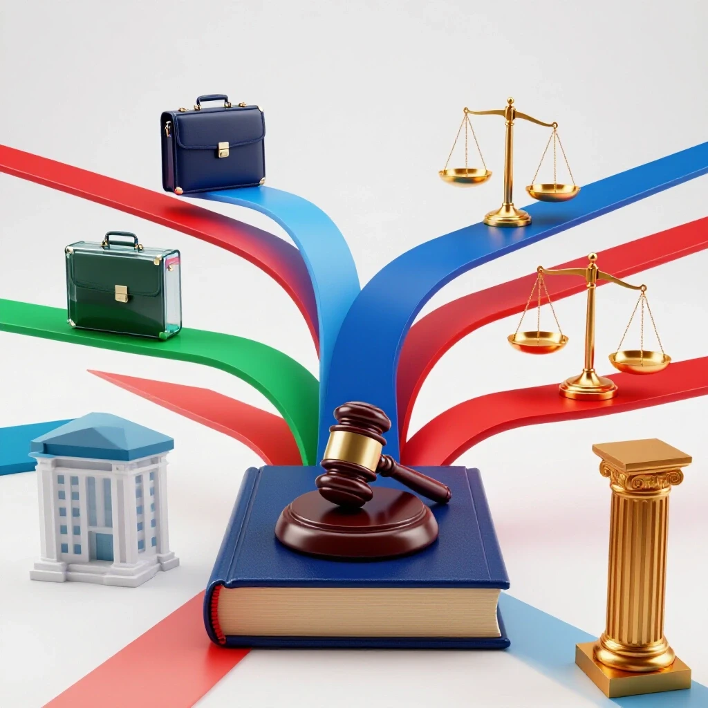 Glossy law book at center with vibrant colored paths branching to symbols of legal, business, justice, and policy careers.
