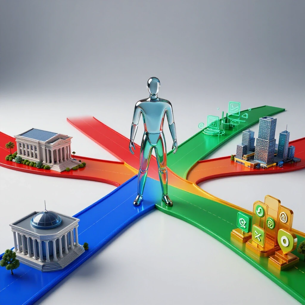 A confident metallic glass figure stands at a crossroads, with vibrant colored paths leading to a courthouse, tech hub, business center, and nonprofit symbols on a bright background.