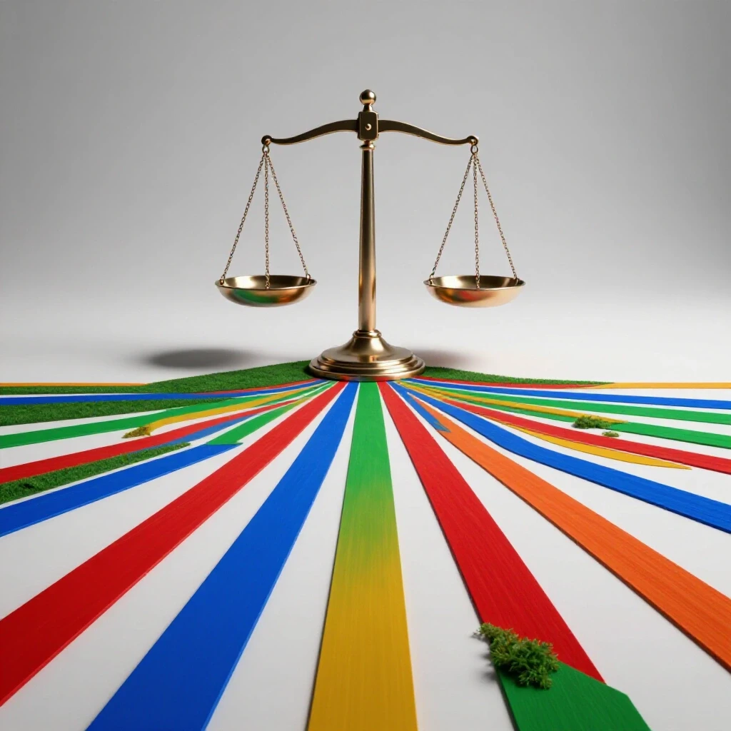 A metallic justice scale at center casts a shadow that transforms into vivid, multi-colored career paths under bright lighting.