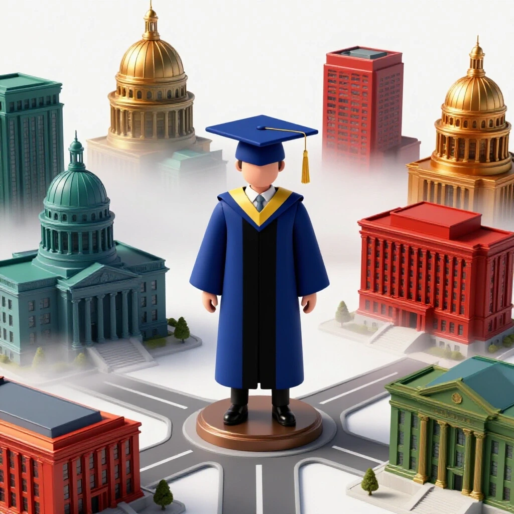Graduate cap and gown at crossroads with bold government buildings emerging from mist, on bright background.