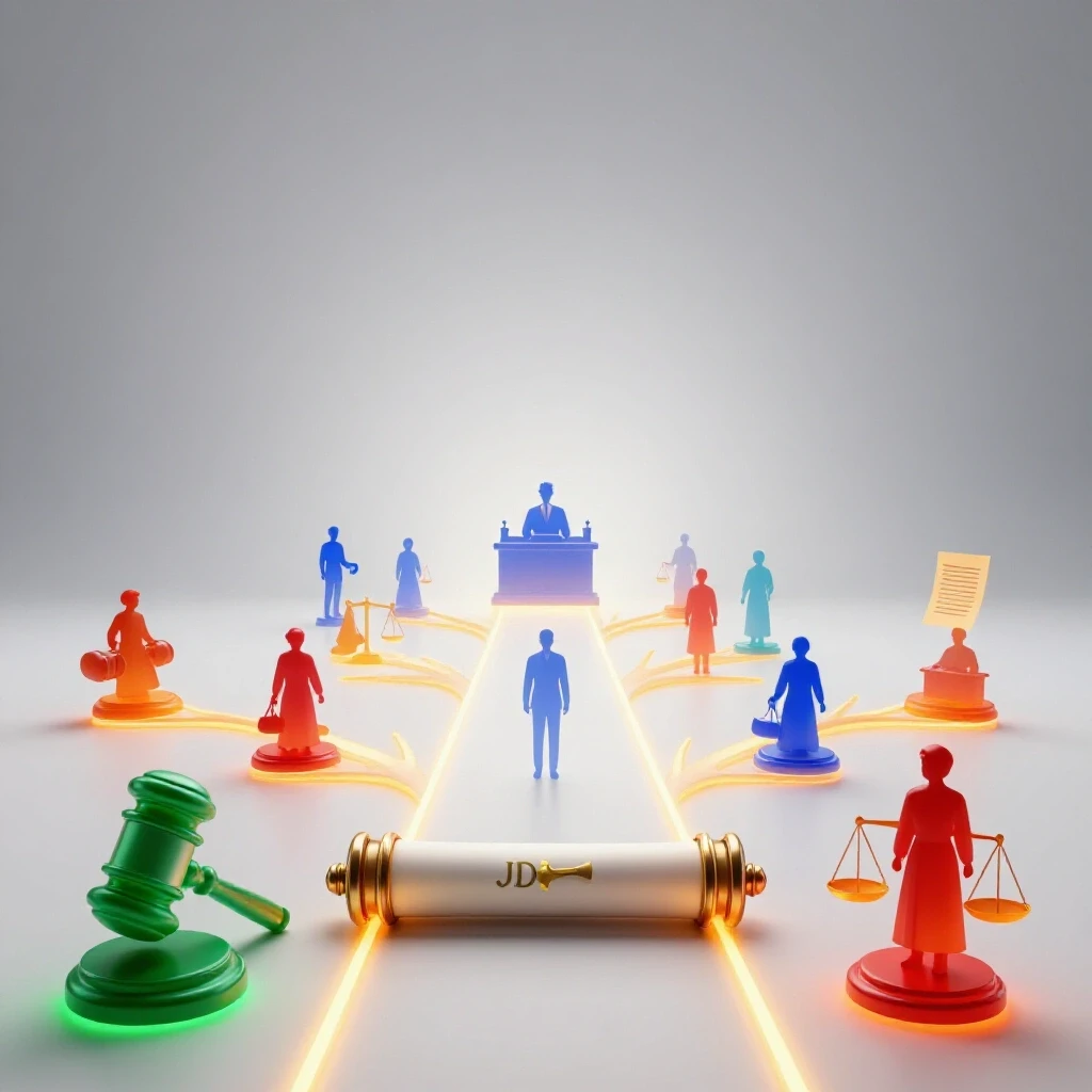 A glossy JD degree scroll at the center, radiating paths branch toward glowing symbols of legal careers on a bright background.