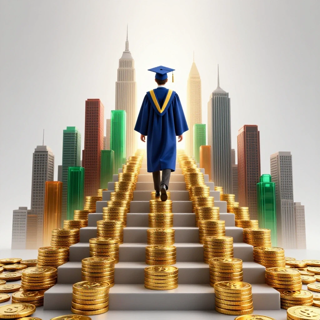Graduation cap and gown atop gold coin staircase leading to glowing city skyline, symbolizing JD salary growth