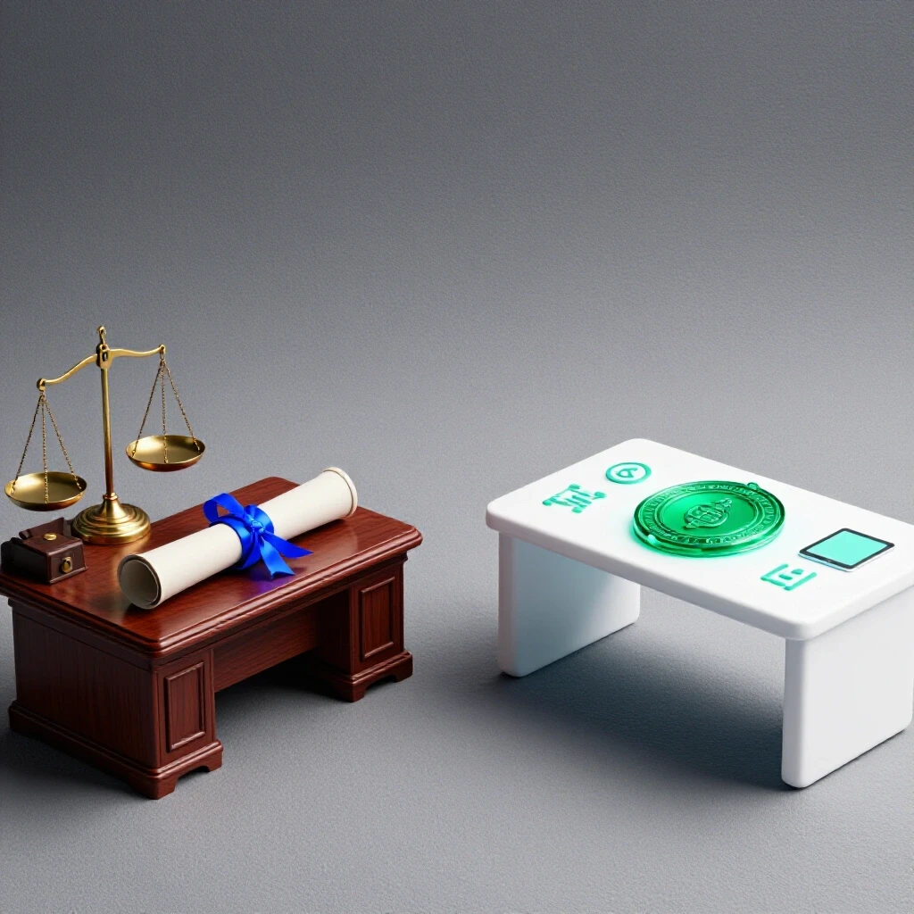 Split scene showing a law degree scroll in a classic office beside a certification badge in a modern tech workspace.