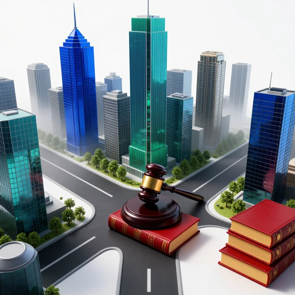 A crossroads with law books and gavel at the center, one path leading to a city of sparkling skyscrapers, the other fading into mist.