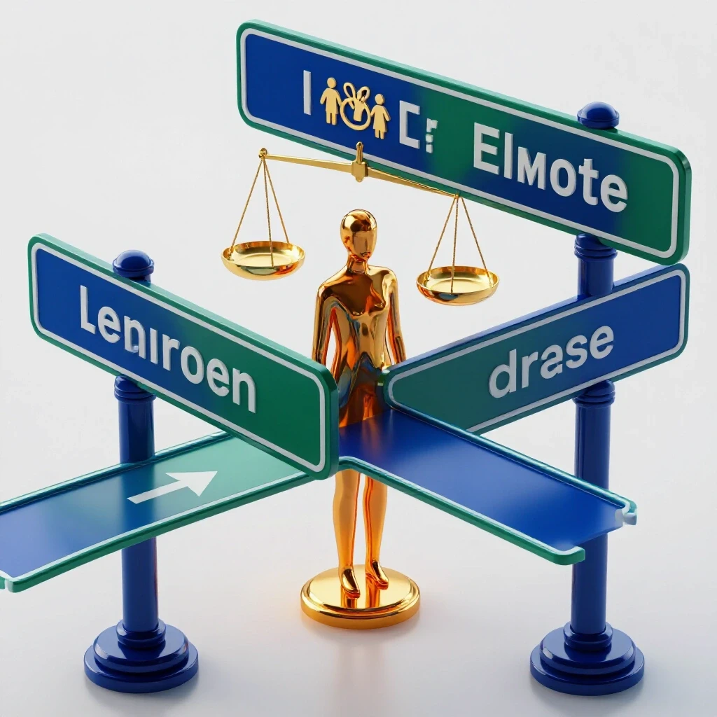 A crossroads with a golden justice scale and family icon on one path, misty uncertainty on the other, and a reflective figure choosing between them, set against a brightly lit background.