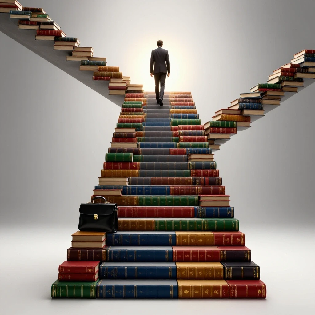 Staircase made from colorful law books and briefcases leads upward to a bright horizon, symbolizing JD career progression.