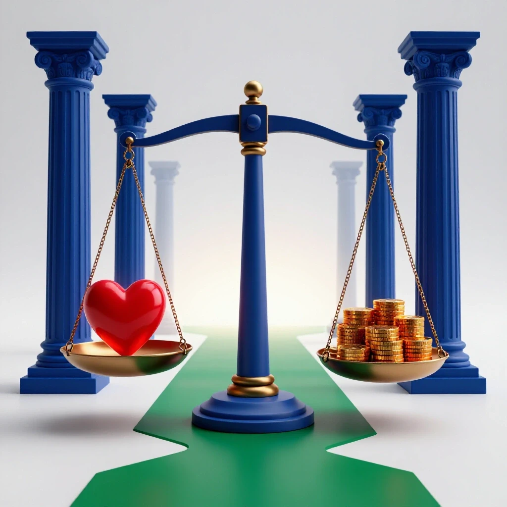 Balanced scale with glowing heart and coins in front of courthouse pillars, intersecting paths stretching to horizon