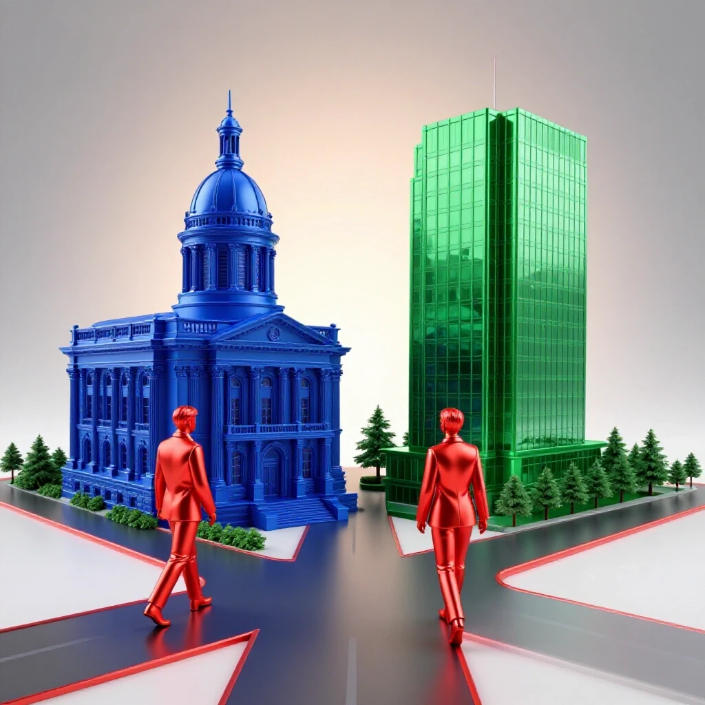Split crossroads with a grand blue courthouse on one side, a green office building on the other, and two confident figures walking toward each path.