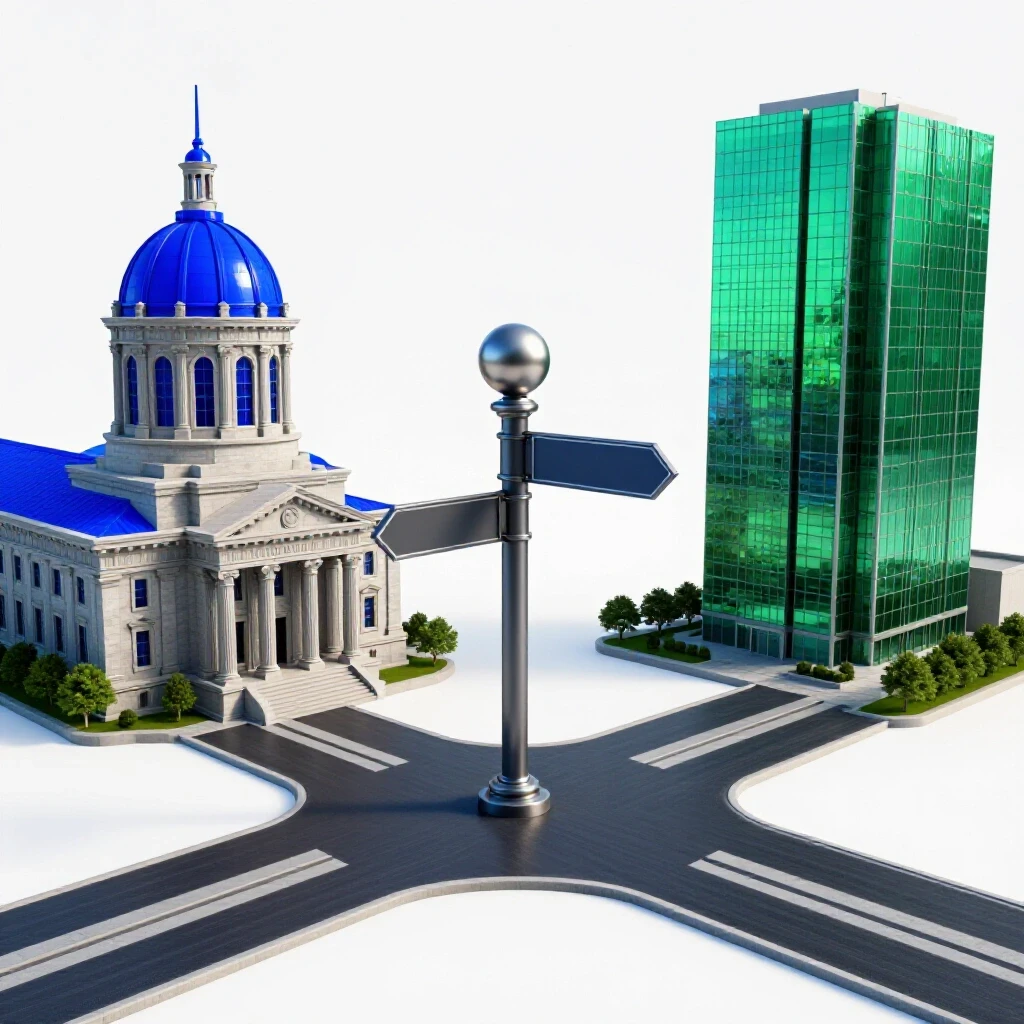 A crossroads with paths leading to a courthouse and a skyscraper, symbolizing law versus business career paths.