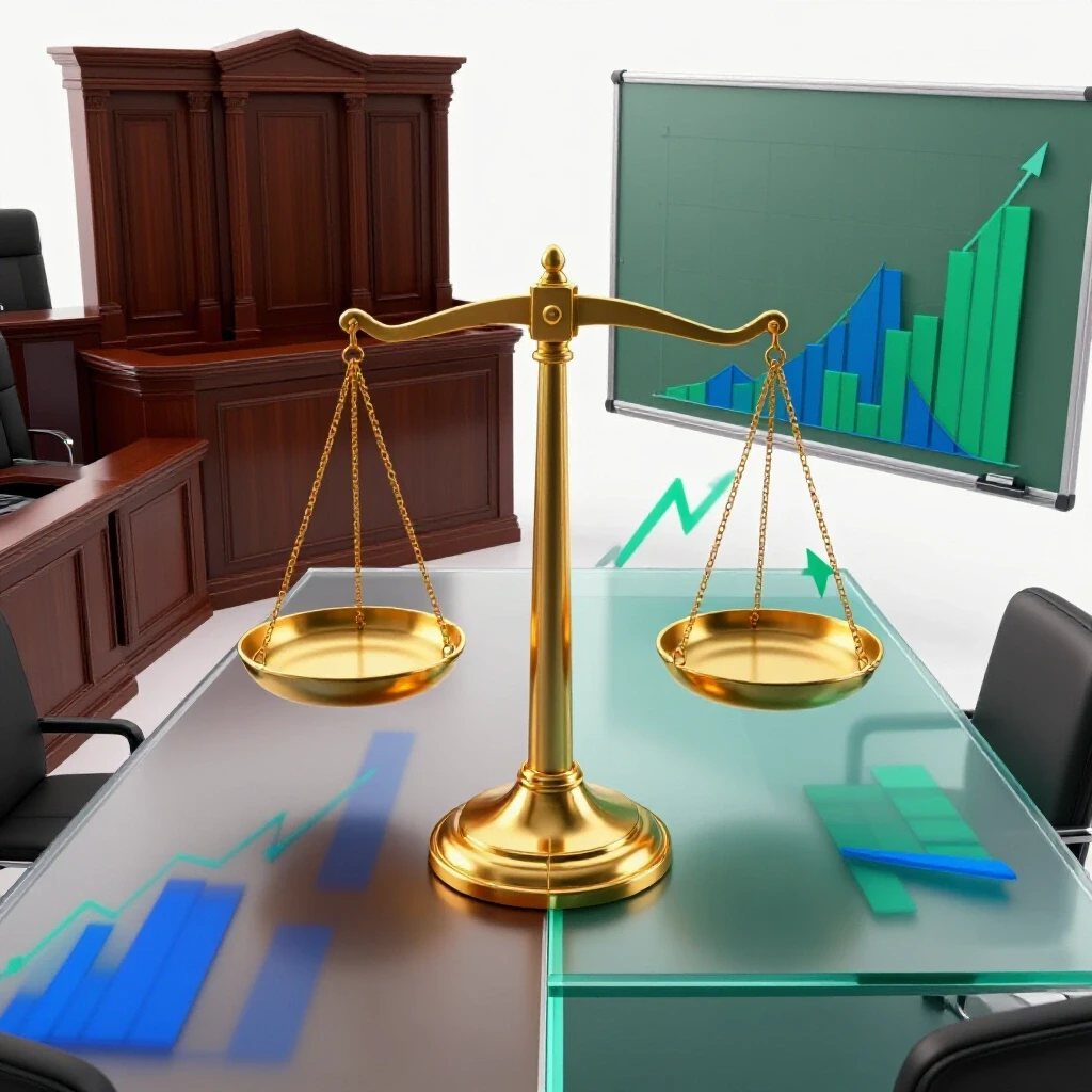 Split scene with scales of justice on one side and financial charts in a boardroom on the other, bright background.