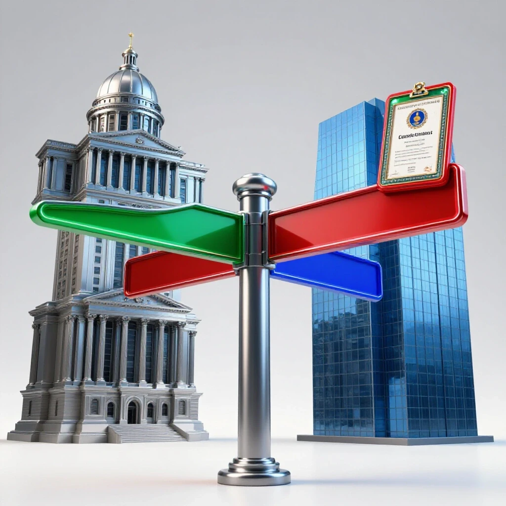 Glossy metallic crossroads signpost with paths branching to a courthouse, skyscraper, and certification badge on a bright white background.