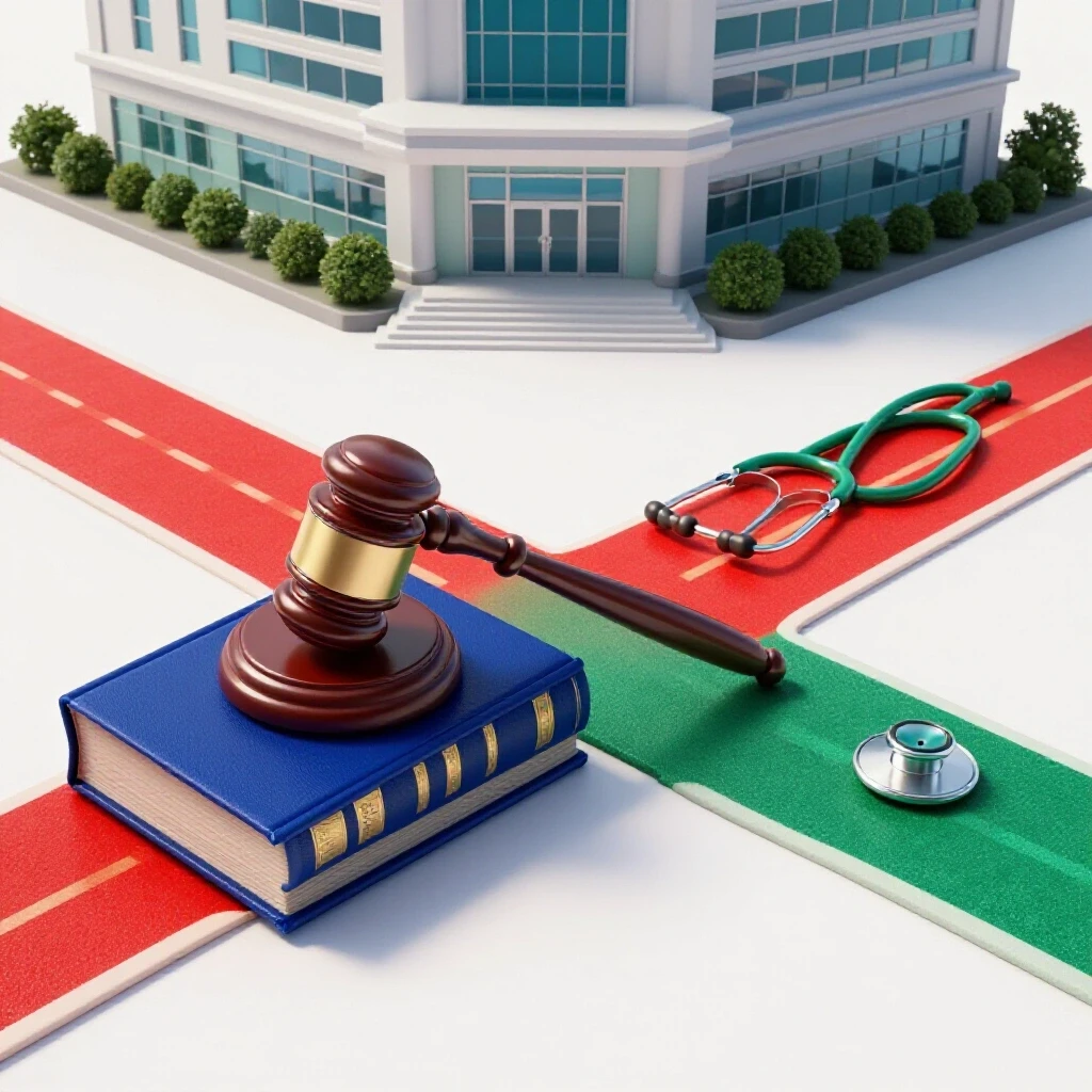 A crossroads featuring a judge's gavel atop law books on one path and a hospital with a stethoscope on the other, dramatically illuminated.