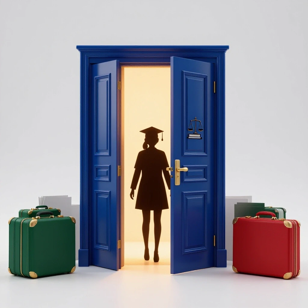 Grand blue and gold courtroom door with warm light opening onto academic symbols, surrounded by legal-themed objects and applicant folders.