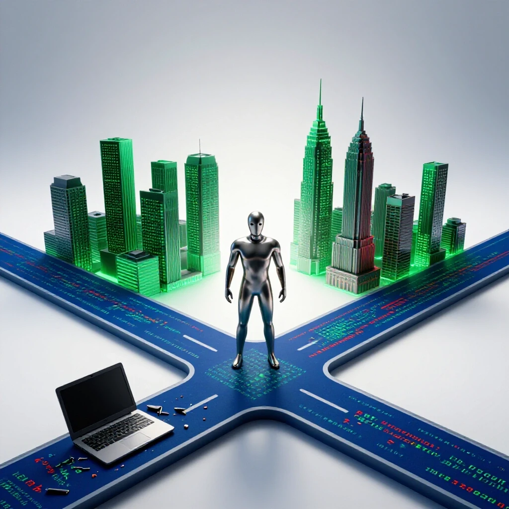 A determined metallic figure stands at a symbolic crossroads between a broken laptop and a glowing city skyline.