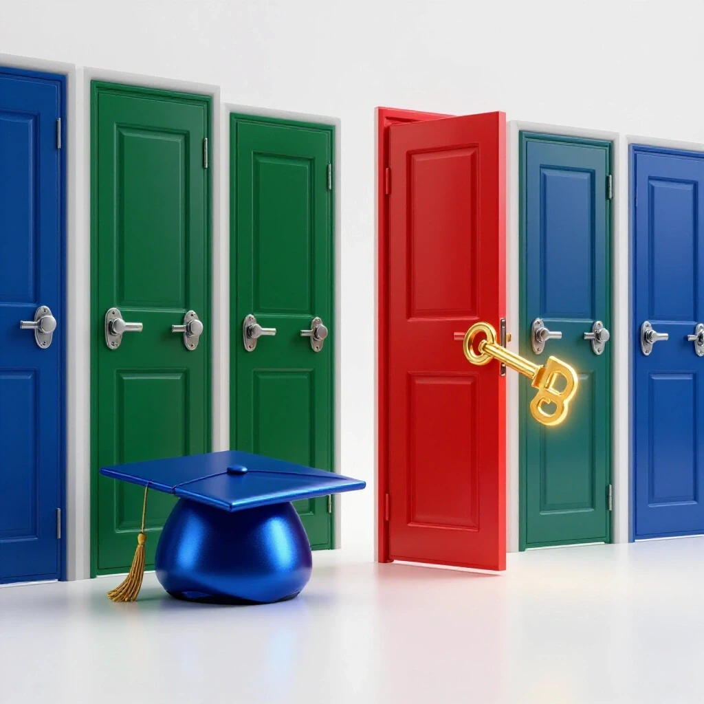 Split scene showing a graduation cap and diploma before locked doors on one side, and opening a door with a glowing skill-shaped key on the other, set against a bright white background.