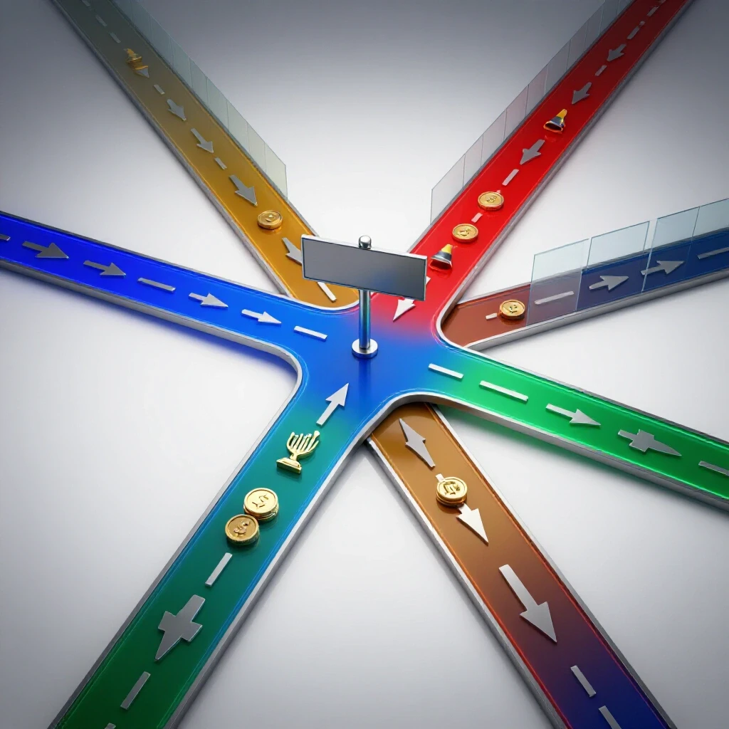 Dynamic crossroads with vibrant diverging paths, opportunity symbols, and subtle obstacles on a luminous background.