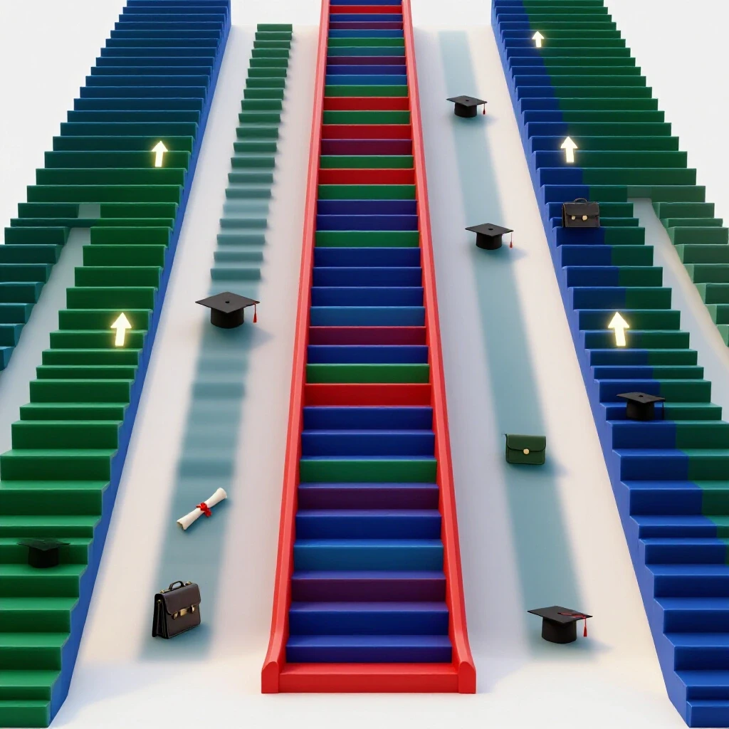 Dynamic upward staircase with illuminated steps and career symbols on a bright white background, symbolizing advancement.
