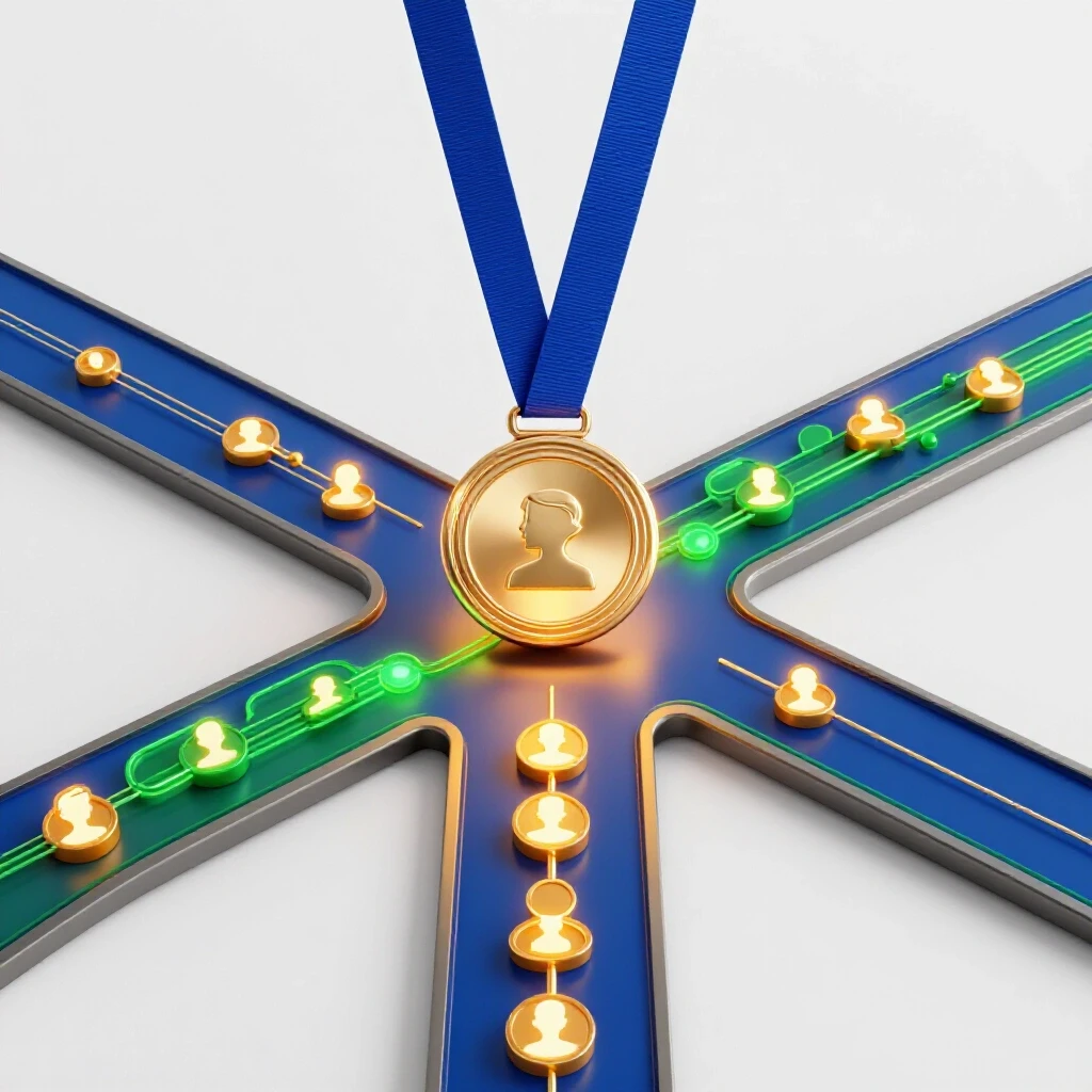 A glowing certification badge at a crossroads leads to a vibrant network of illuminated profile icons.
