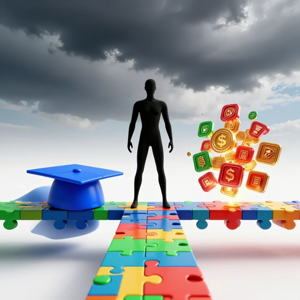 Abstract figure balances on a vibrant puzzle bridge between a graduation cap and digital icons, set against contrasting stormy and clear skies.