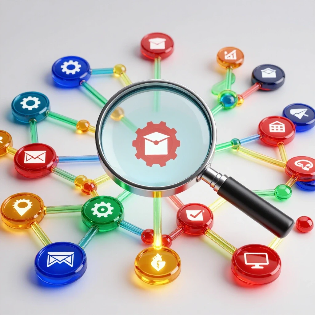 Magnifying glass examines glowing, colorful career icons connected by illuminated pathways on a bright white background.
