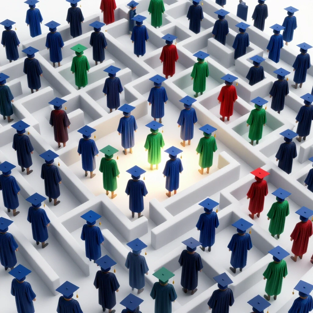 A maze crowded with identical graduation caps and gowns, some heading toward brightly lit alternative exits, illustrating job market saturation and hopeful alternatives.