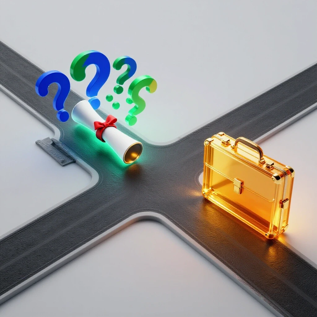 At a crossroads, a glowing diploma with question marks and a radiant briefcase on diverging paths symbolize education versus job offers.