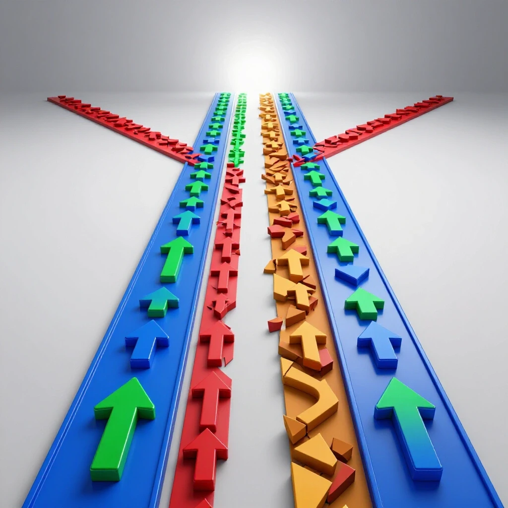 Diverging pathways, one bright and promising with opportunity icons, the other uncertain and fragmented, set on a luminous background.