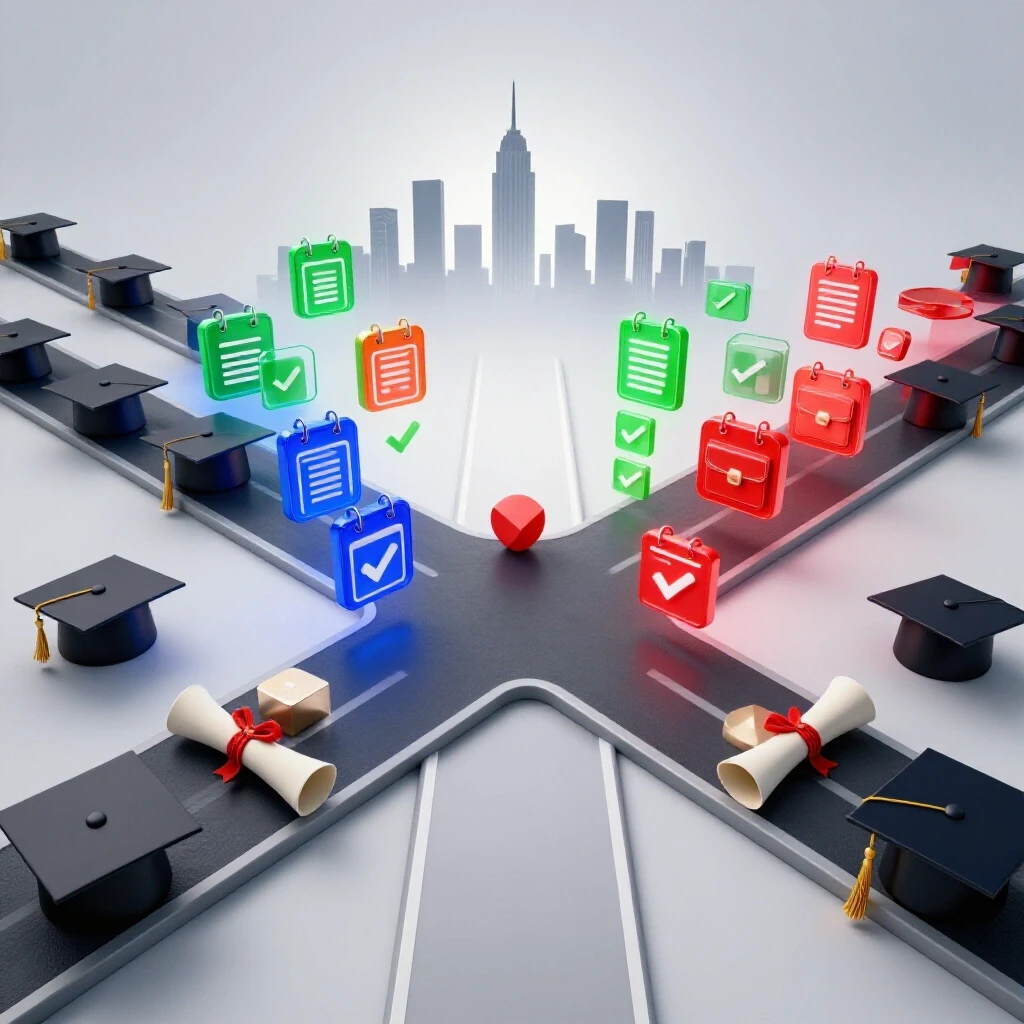 Dramatic crossroads with academic caps and diplomas on one side, job icons on the other, converging toward a bright skyline