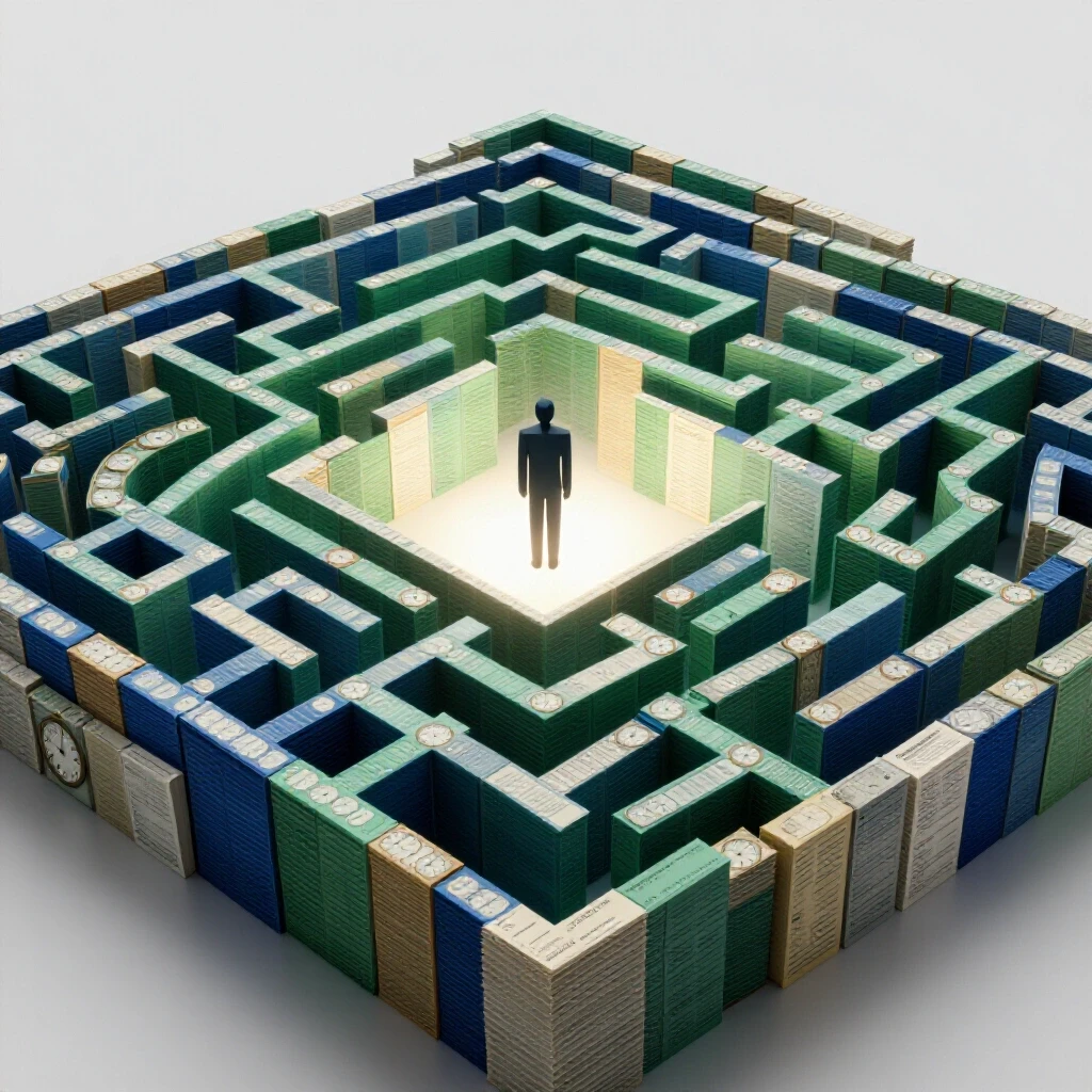 A maze of stacked resumes and clocks surrounds a single abstract figure under a bright spotlight.
