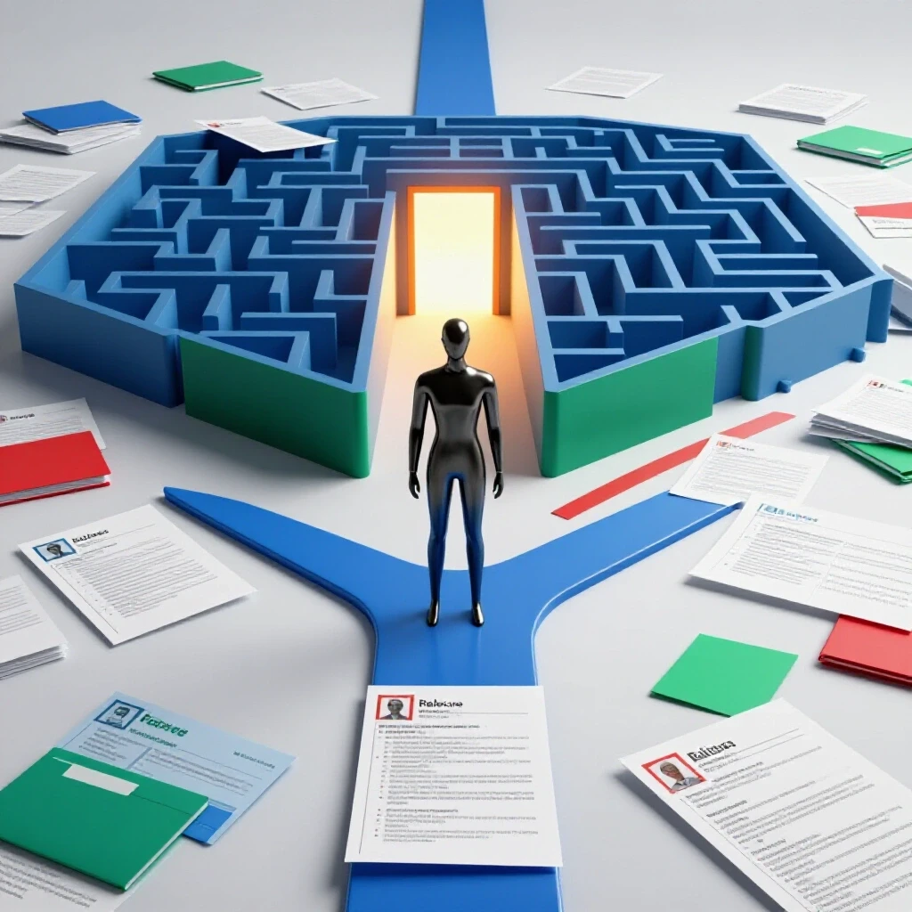 Abstract figure at a crossroads surrounded by colorful resumes, gazing toward a glowing doorway in a bright maze-like scene.