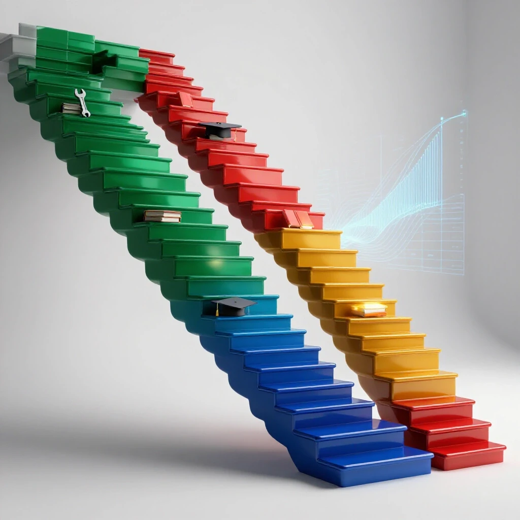 A vibrant staircase transitions from vocational tools to academic symbols with glowing data-inspired patterns behind.