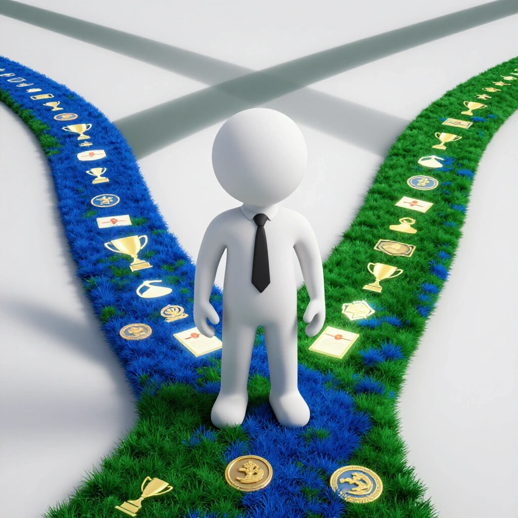 A stylized professional figure stands at a crossroads, one path vibrant and rising with glowing achievement symbols, the other fading away, set in a bright, modern background.