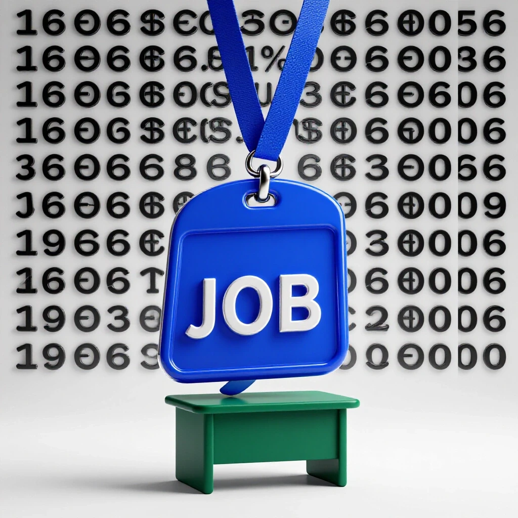 An oversized, glossy blue job badge balancing on a small green desk against a bright white background.