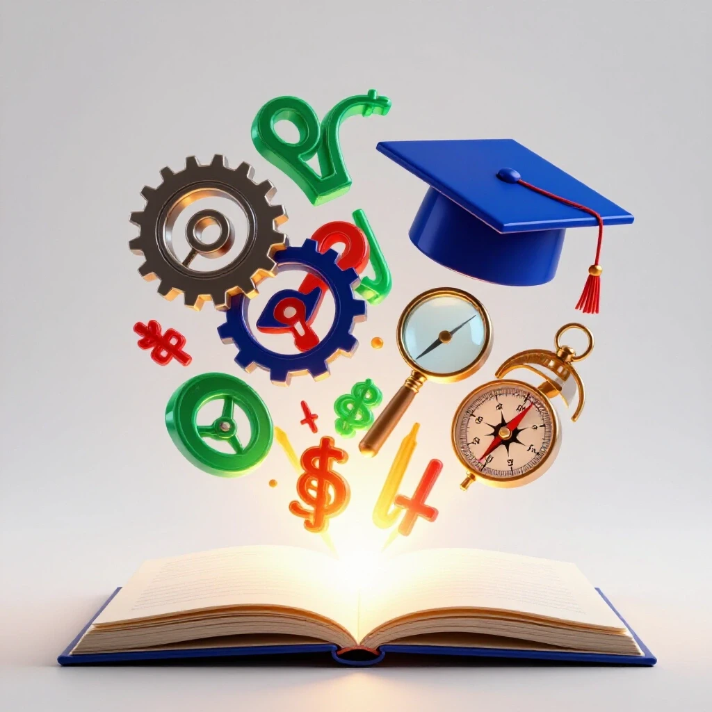 Open portfolio glowing with vibrant light, illuminating a path lined with colorful academic and career symbols.