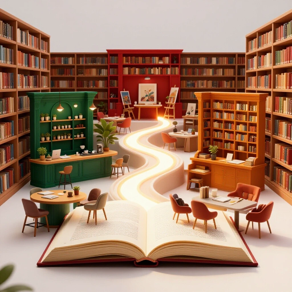 Open book in a sunlit library transforms into a winding path leading to a café, art studio, and bookstore.
